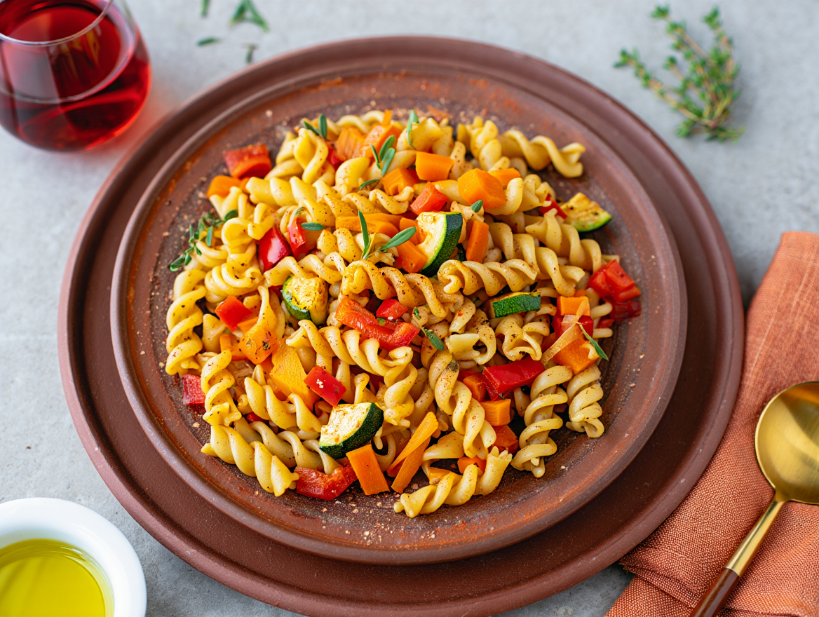 Pasta espiral con verduras a la parrilla de La Grosella