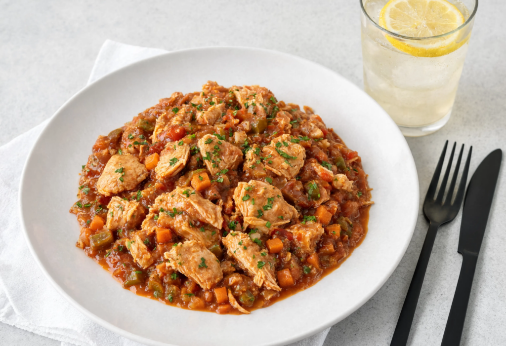 Ragú de pollo guisado con verduras y tomillo