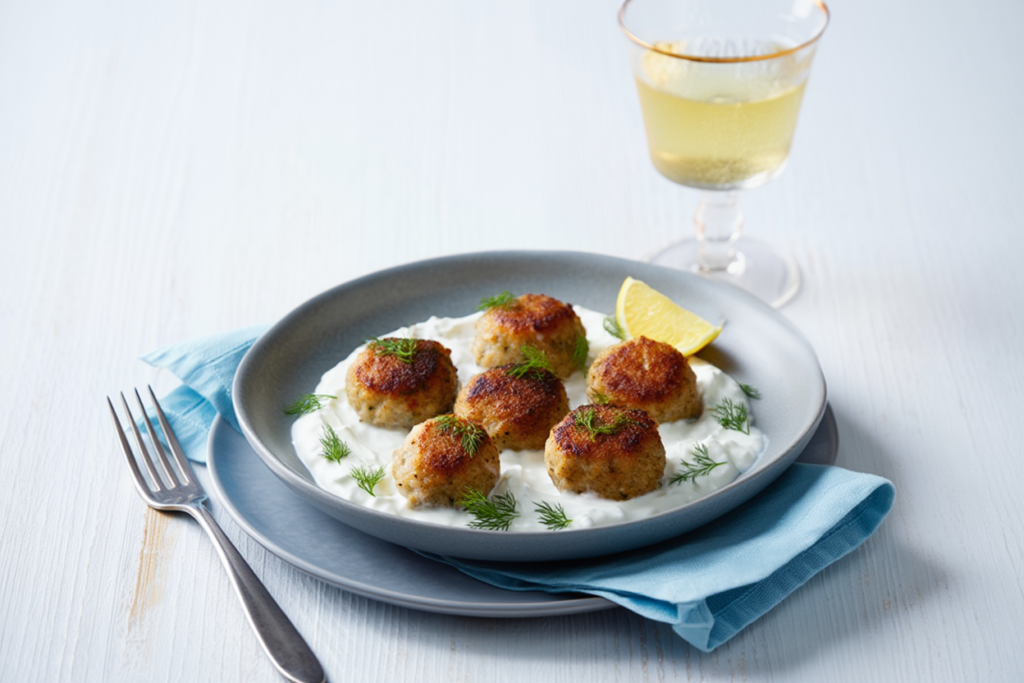 Albóndigas de merluza con salsa de yogur y eneldo