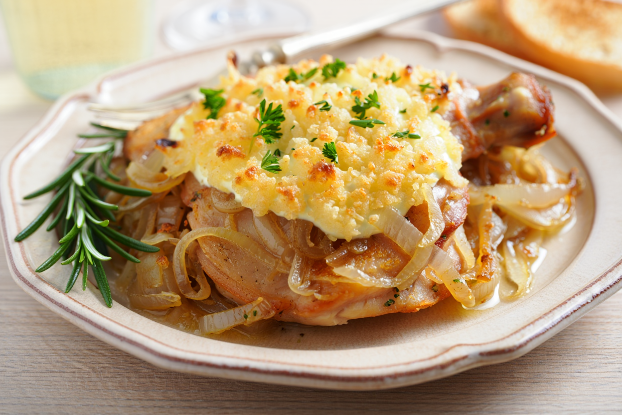 Contramuslo-gratinado-con-cebolla-y-alioli-de-La-Grosella