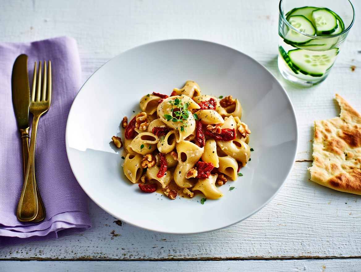 Pasta tiburón con tomate seco y nueces de La Grosella