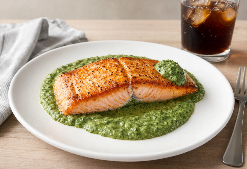 Salmón keta con salsa de espinacas