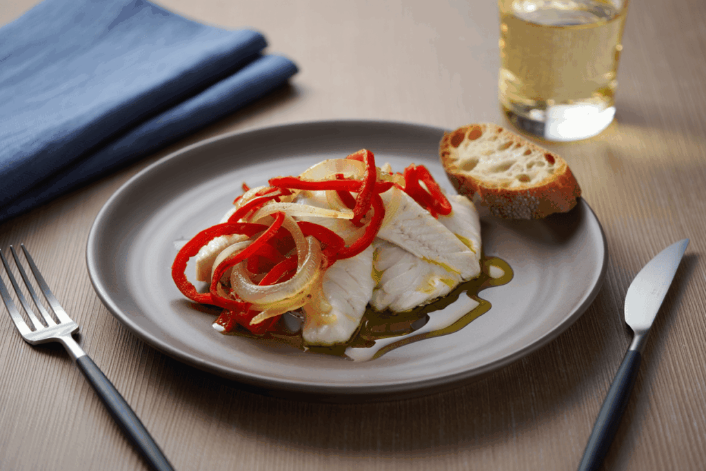 Bacalao con pimientos del piquillo y cebolla