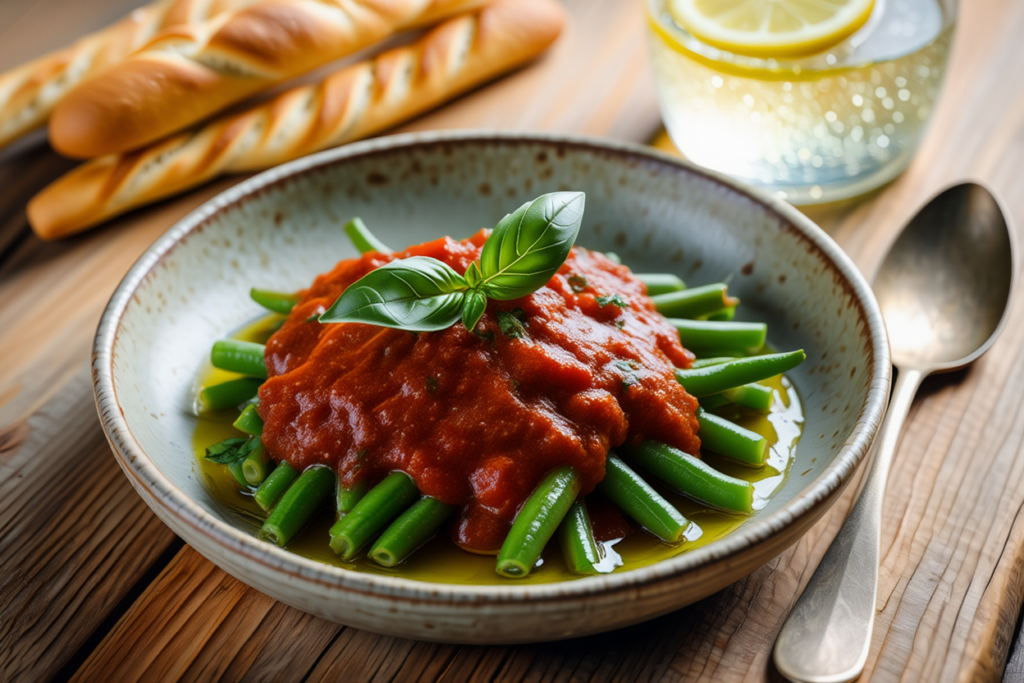 Judías verdes con tomate y albahaca