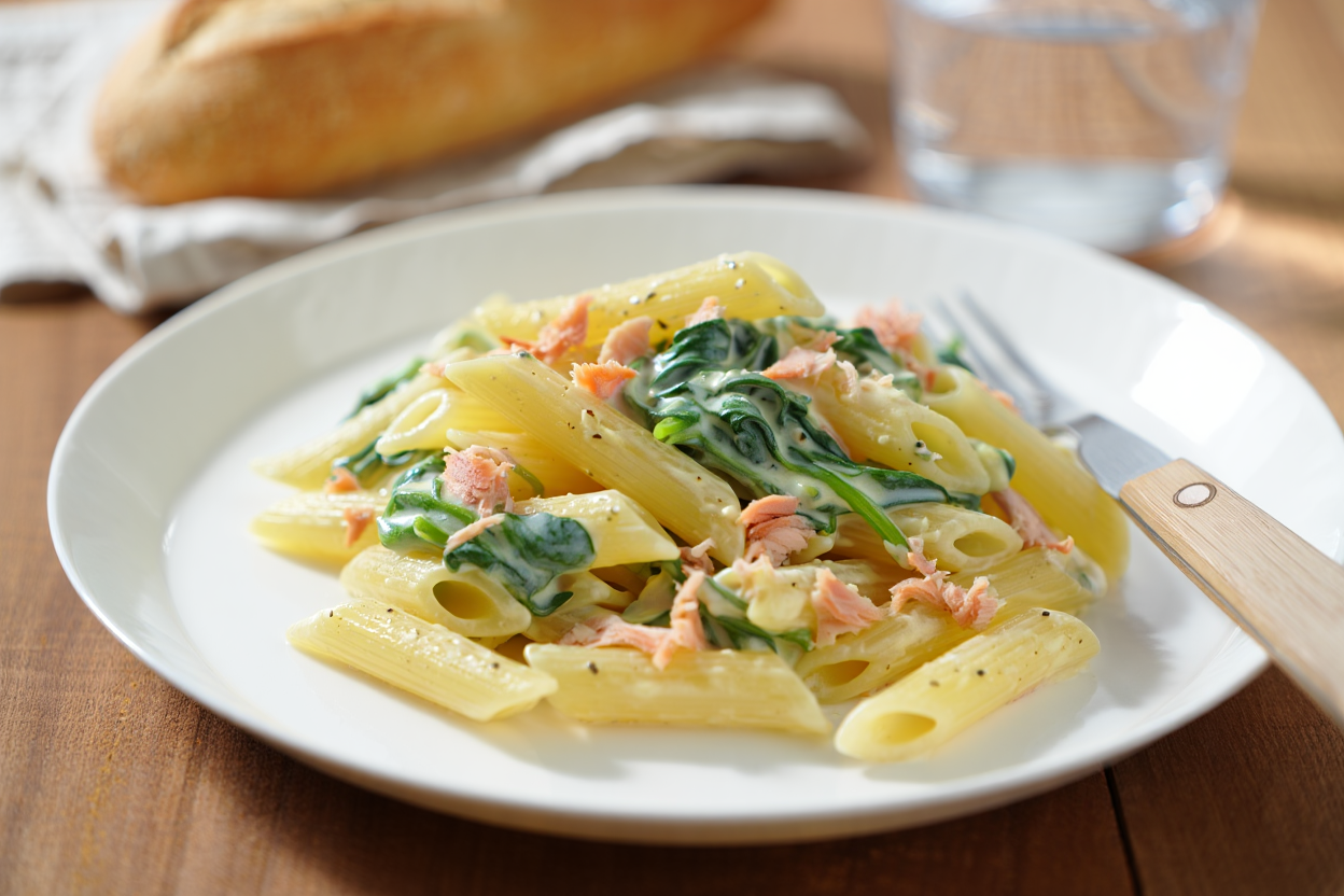 Macarrone-con-salsa-de-espinacas-y-salmon-de-La-Grosella