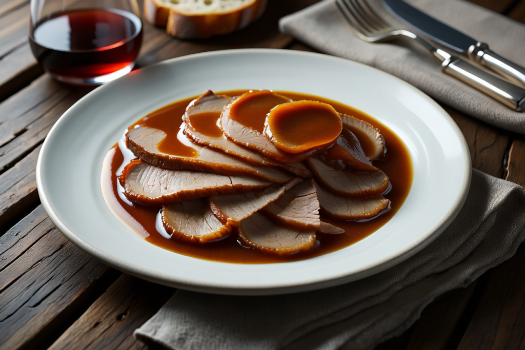 Ternera asada con salsa de verduras al vino tinto