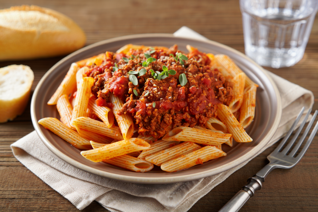 Macarrones con boloñesa vegana