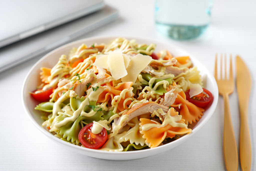 Ensalada de pasta tricolor con pollo asado y salsa César