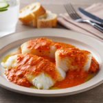 Comida a domicilio - Bacalao con salsa de pimientos del piquillo