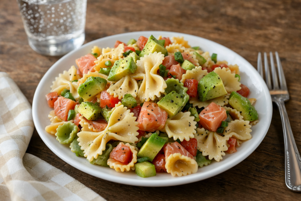 Ensalada de pasta con aguacate y salmón marinado