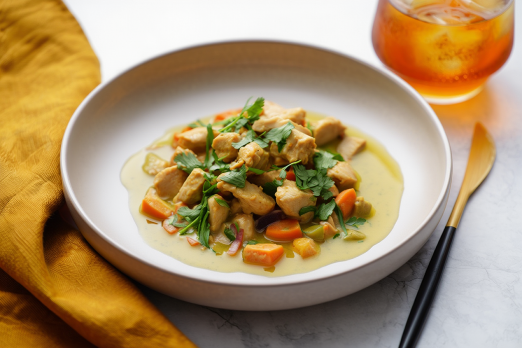 Ragú de pollo con salsa de curry verde y leche de coco