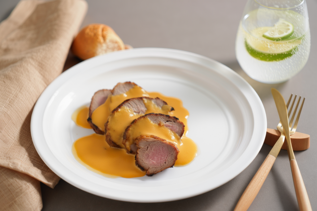 Solomillo de cerdo con salsa de mango y ricotta