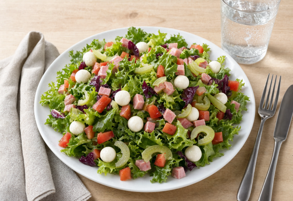 Ensalada verde con apio, jamón york y mozzarella