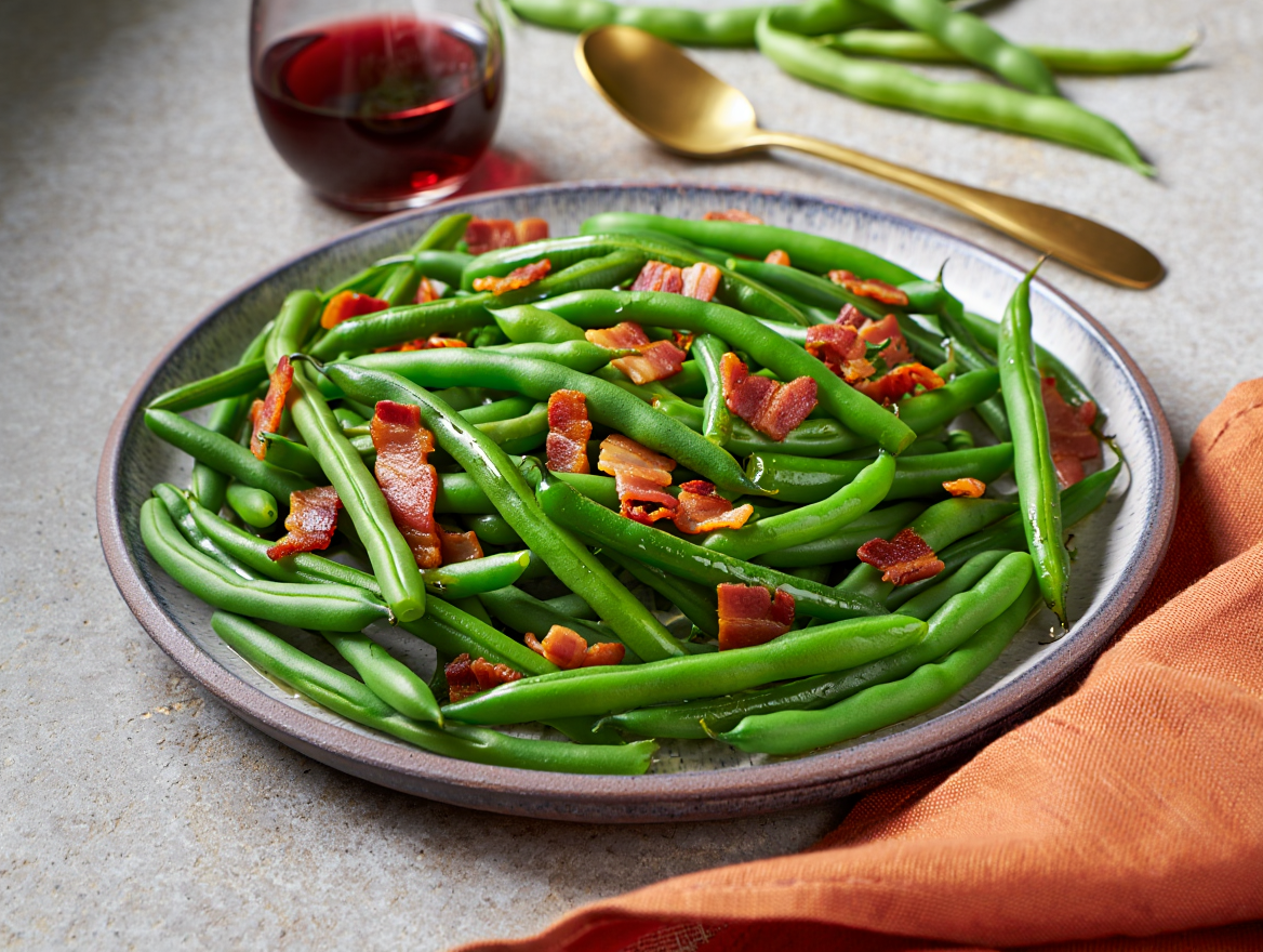 Judías verdes con bacon y cebolla de La Grosella