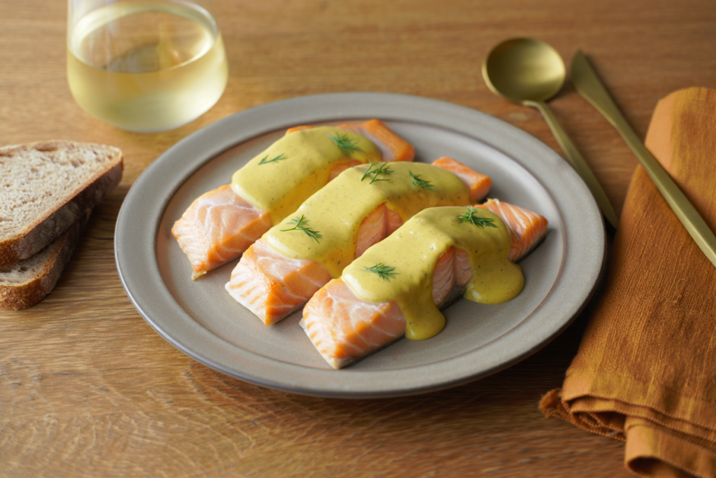 Salmón noruego con salsa de mostaza y eneldo