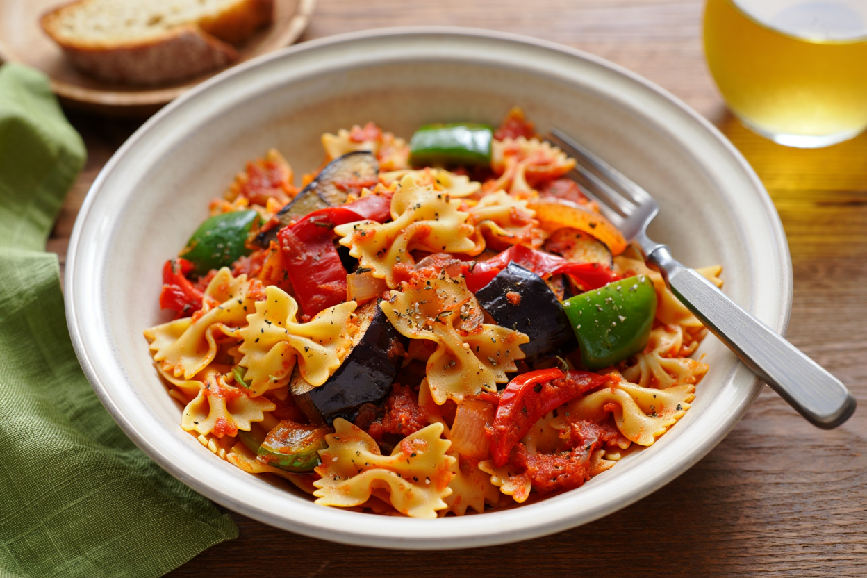 Pasta-farfalle-con-verduras-a-la-parrilla-de-La-Grosella