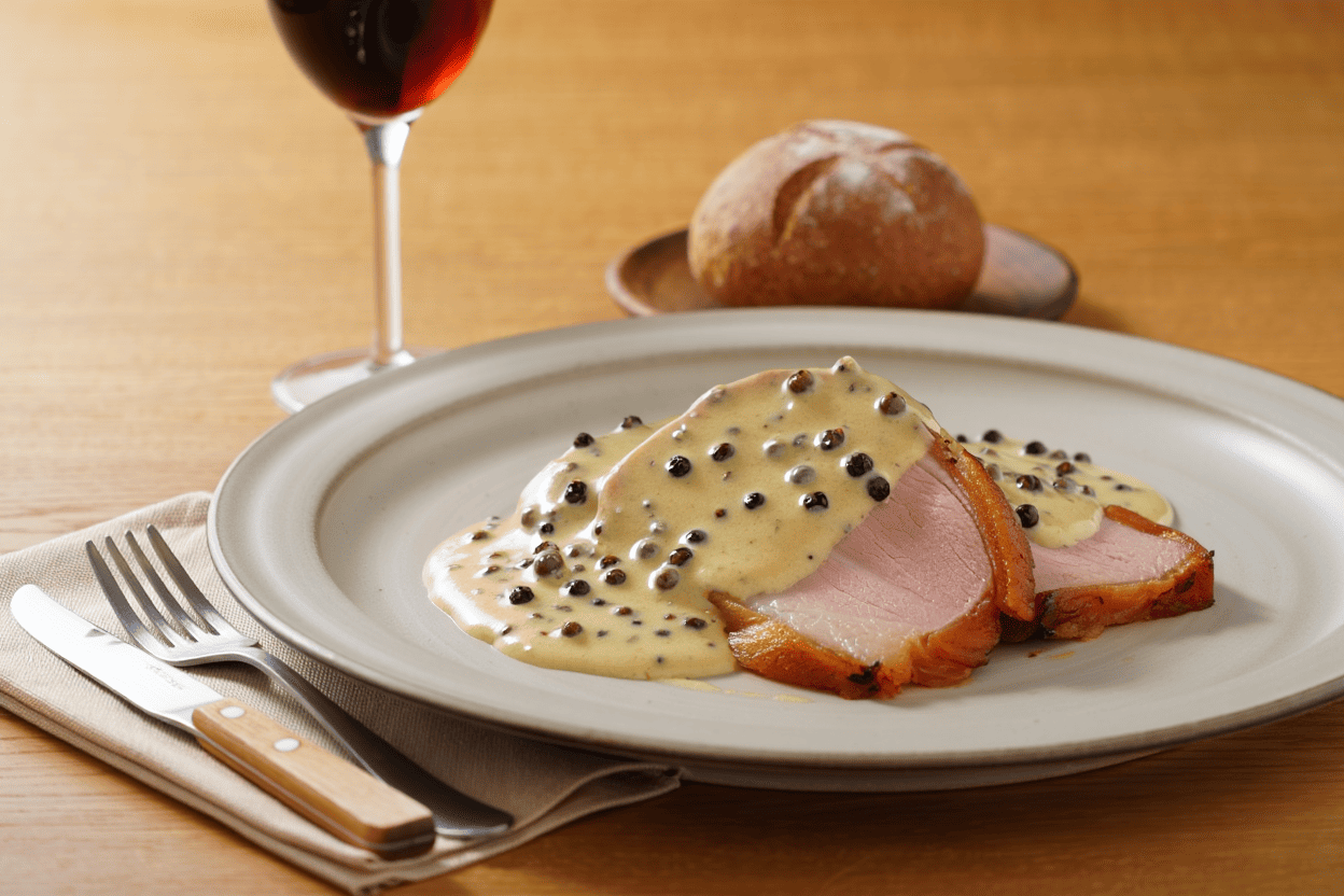 Jamón asado con salsa de pimienta negra de La Grosella (1) (1)