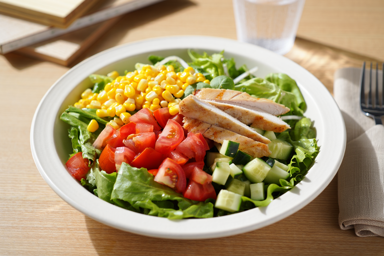 Ensalada iceberg con pollo kebab y maíz Ensalada iceberg con pollo kebab y maíz