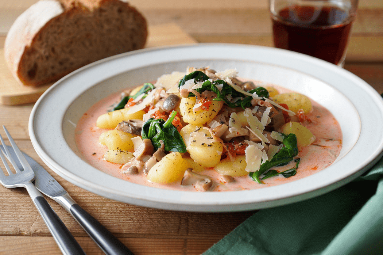 Ñoquis con salsa de espinacas y champiñones Ñoquis con salsa de espinacas y champiñones