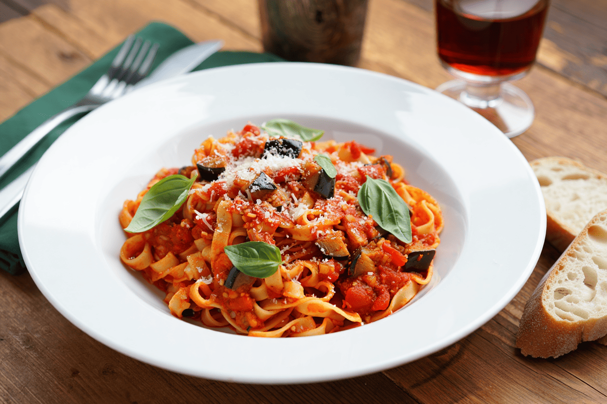 Tallarines a la norma con queso parmesano de La Grosella (1)