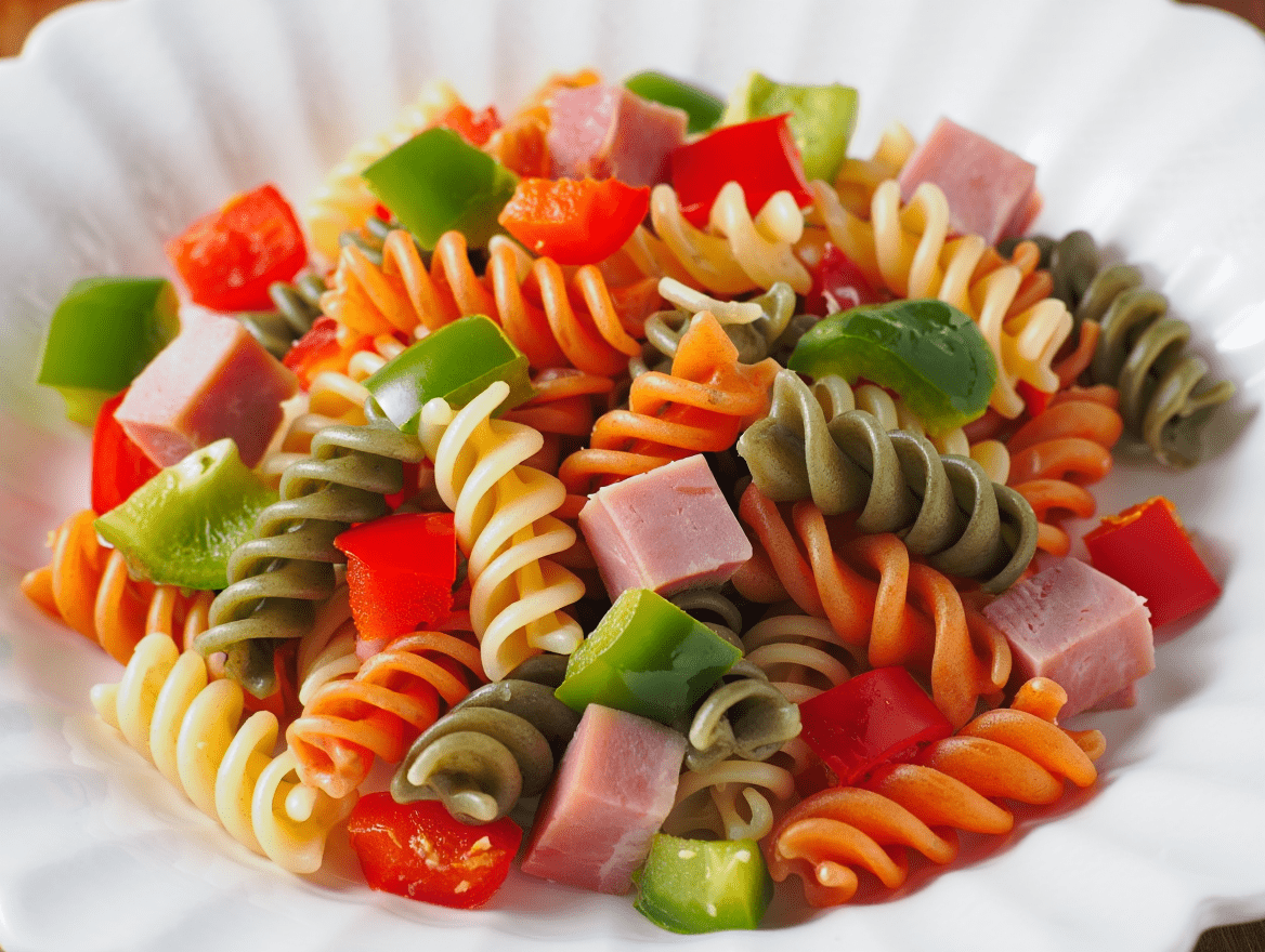 Ensalada de pasta con jamón york y verduras