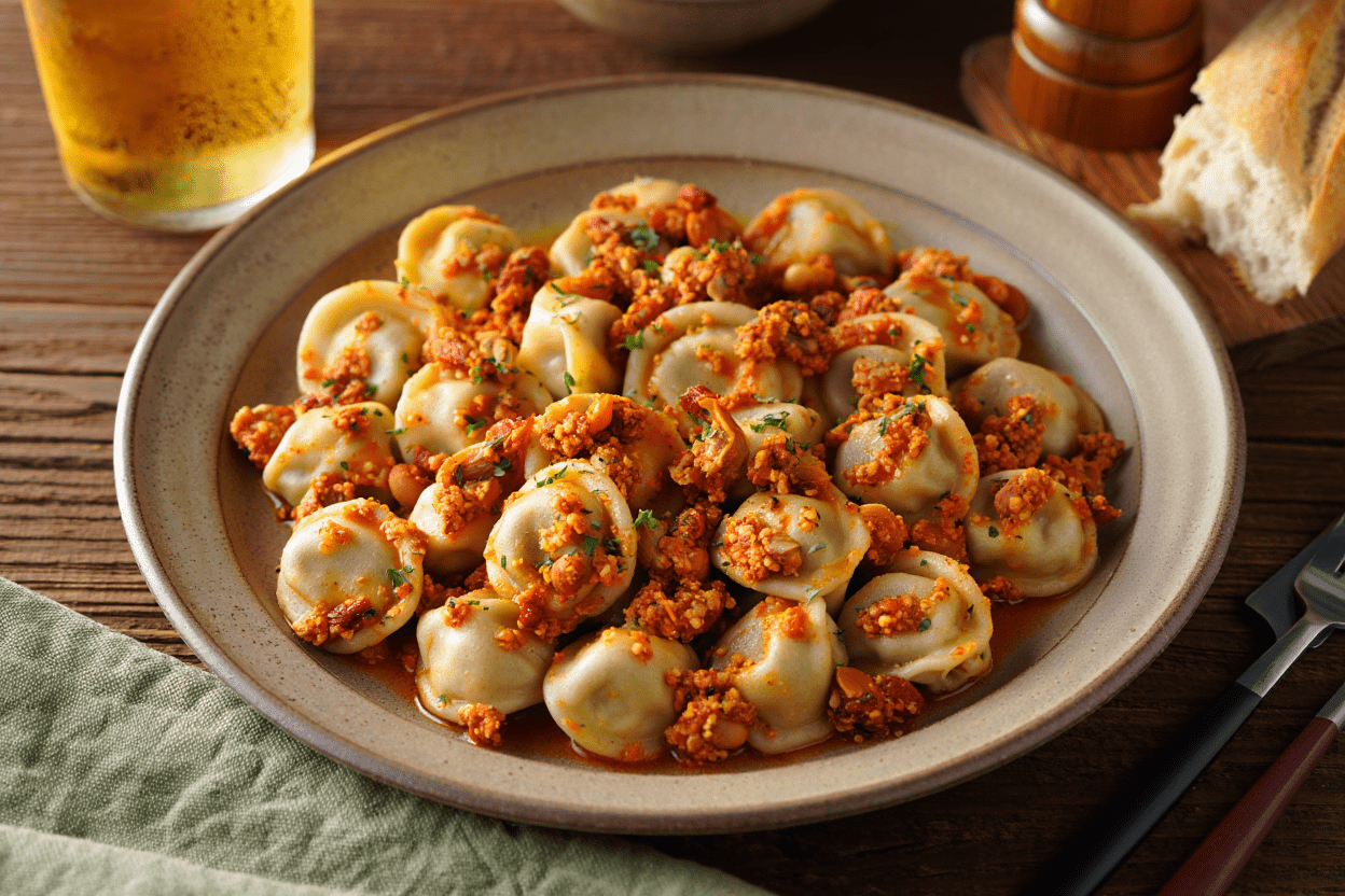 Tortellini de carne con pesto rosso Tortellini de carne con pesto rosso