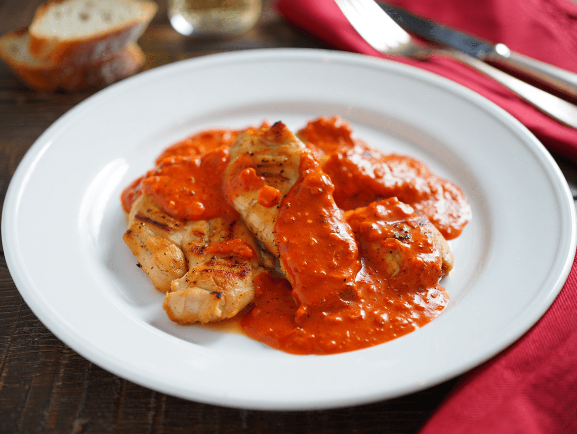 Solomillos de pollo con salsa de pimientos del piquillo de La Grosella