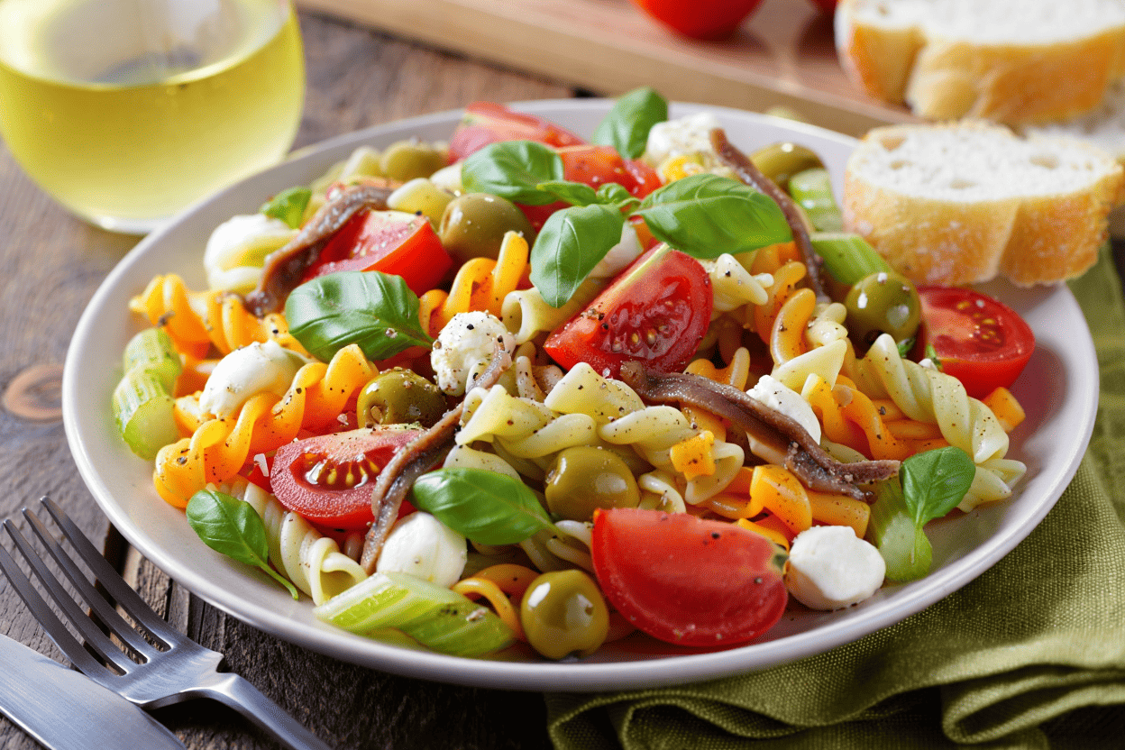 Ensalada de garbanzos con aguacate y salsa de mostaza Ensalada de pasta con mozzarella y anchoas