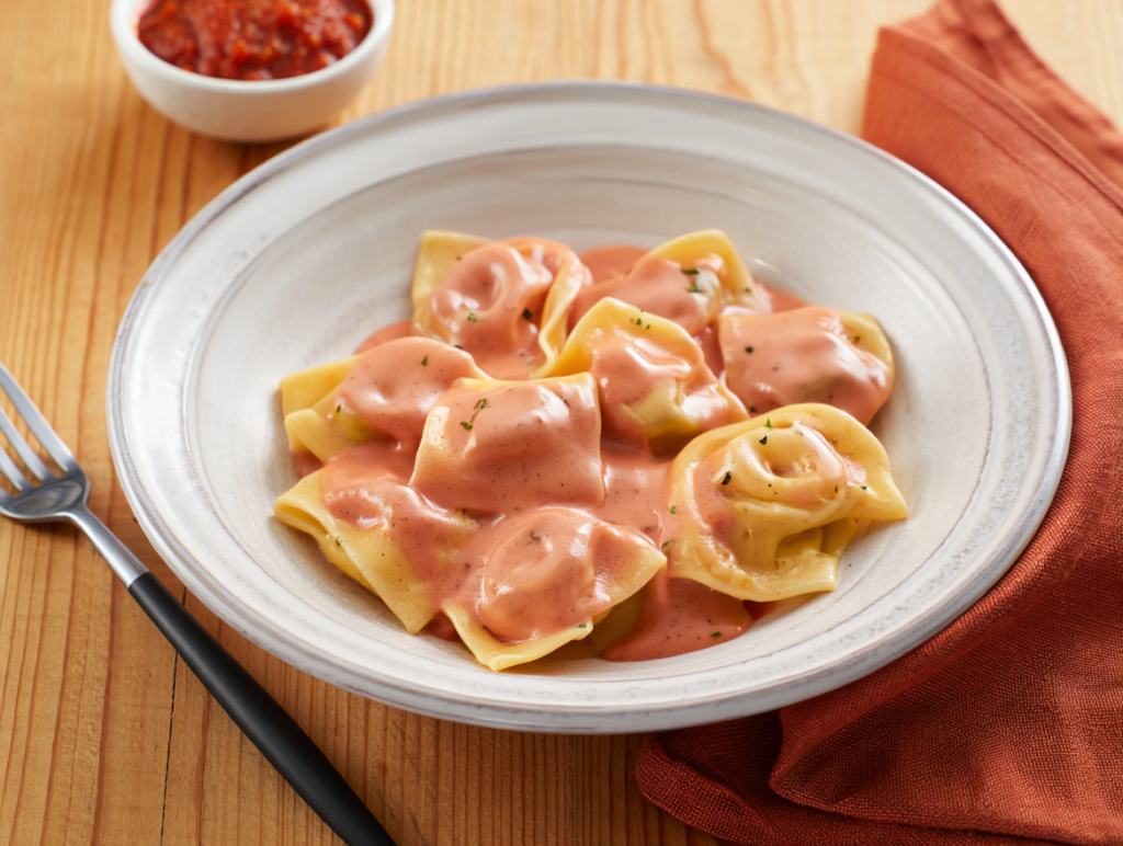 Tortelloni 4 quesos con salsa de boniato y leche de coco