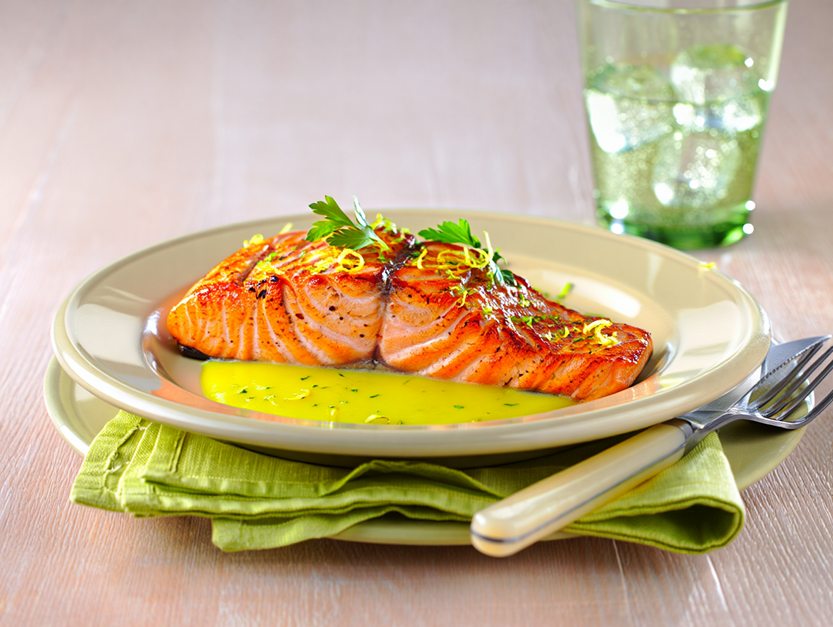 Alitas fritas con salsa agridulce Salmón noruego con salsa de cítricos