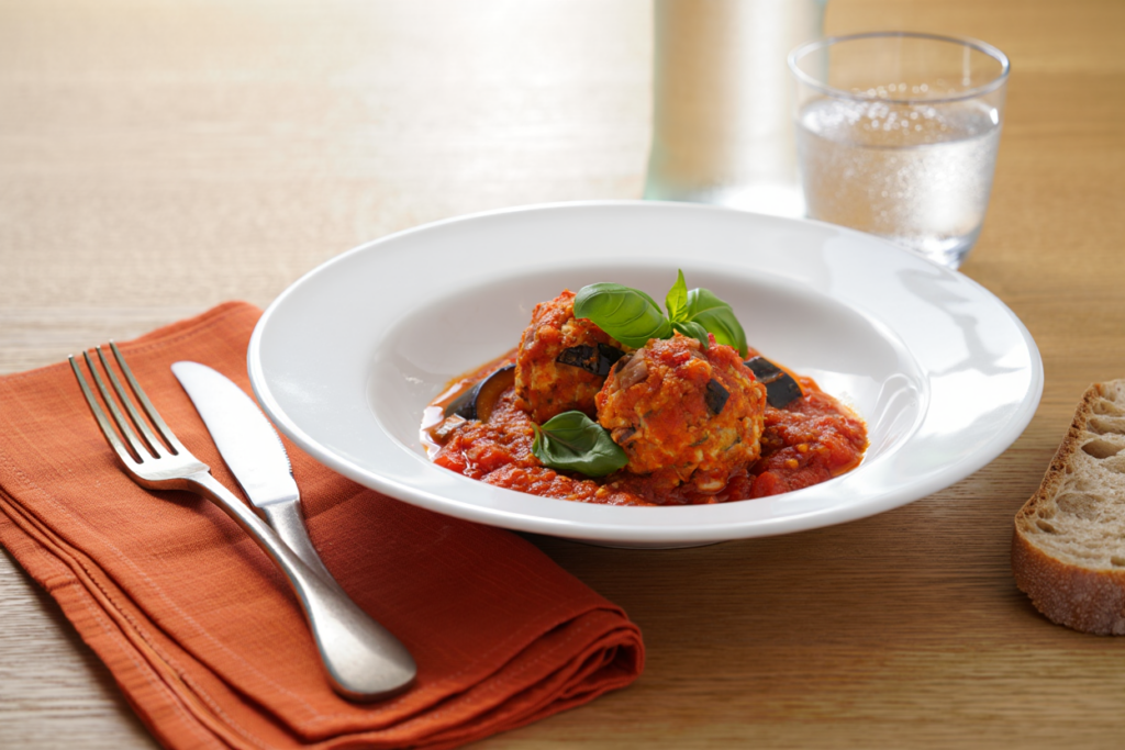 Albóndigas de pollo y berenjena con salsa de tomate y albahaca