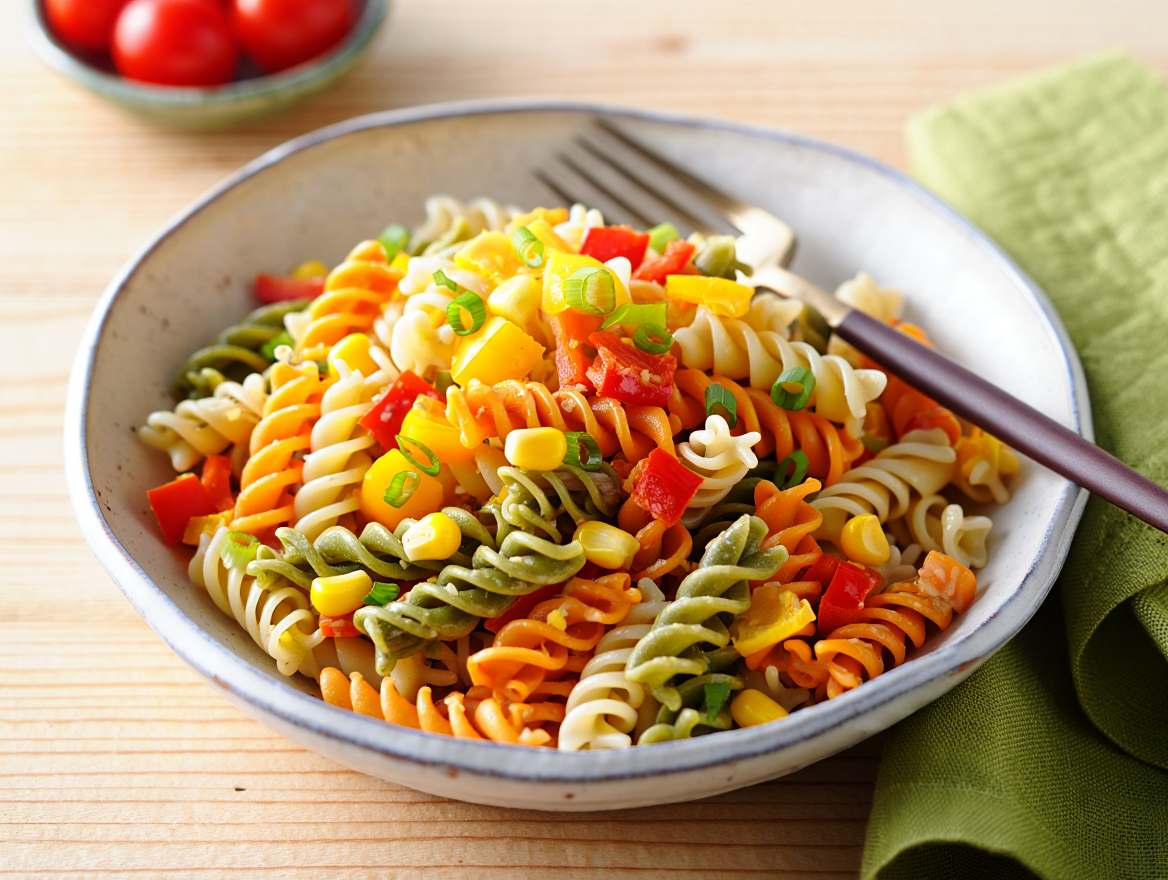 Ensalada de pasta tricolor y verduras frescas Ensalada de pasta tricolor y verduras frescas