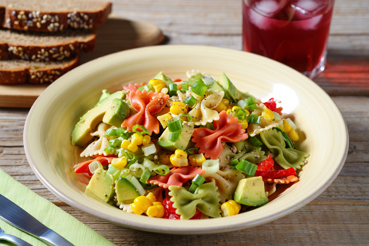 Ensalada vegana de pasta con aguacate y maíz Ensalada vegana de pasta con aguacate y maíz