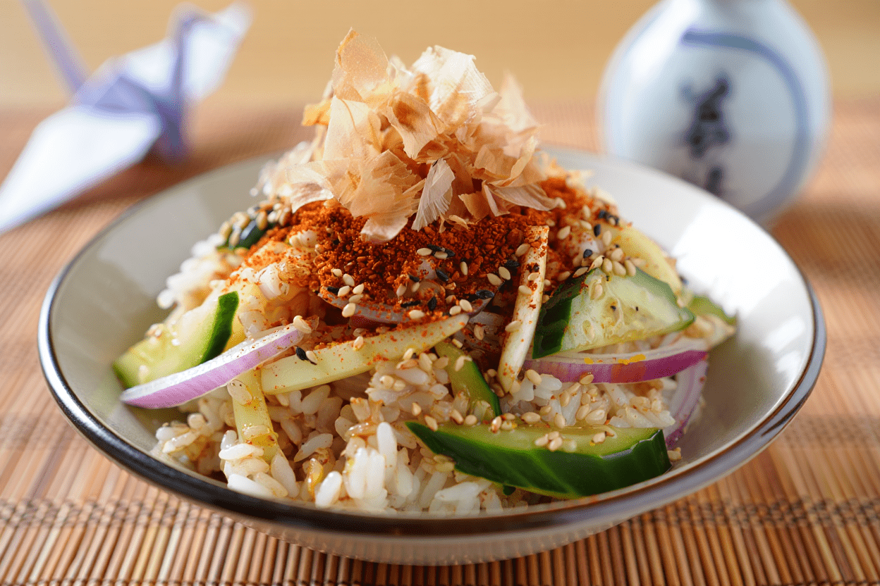 Ensalada nippona de arroz con shichimi y bonito deshidratado Ensalada nippona de arroz con shichimi y bonito deshidratado