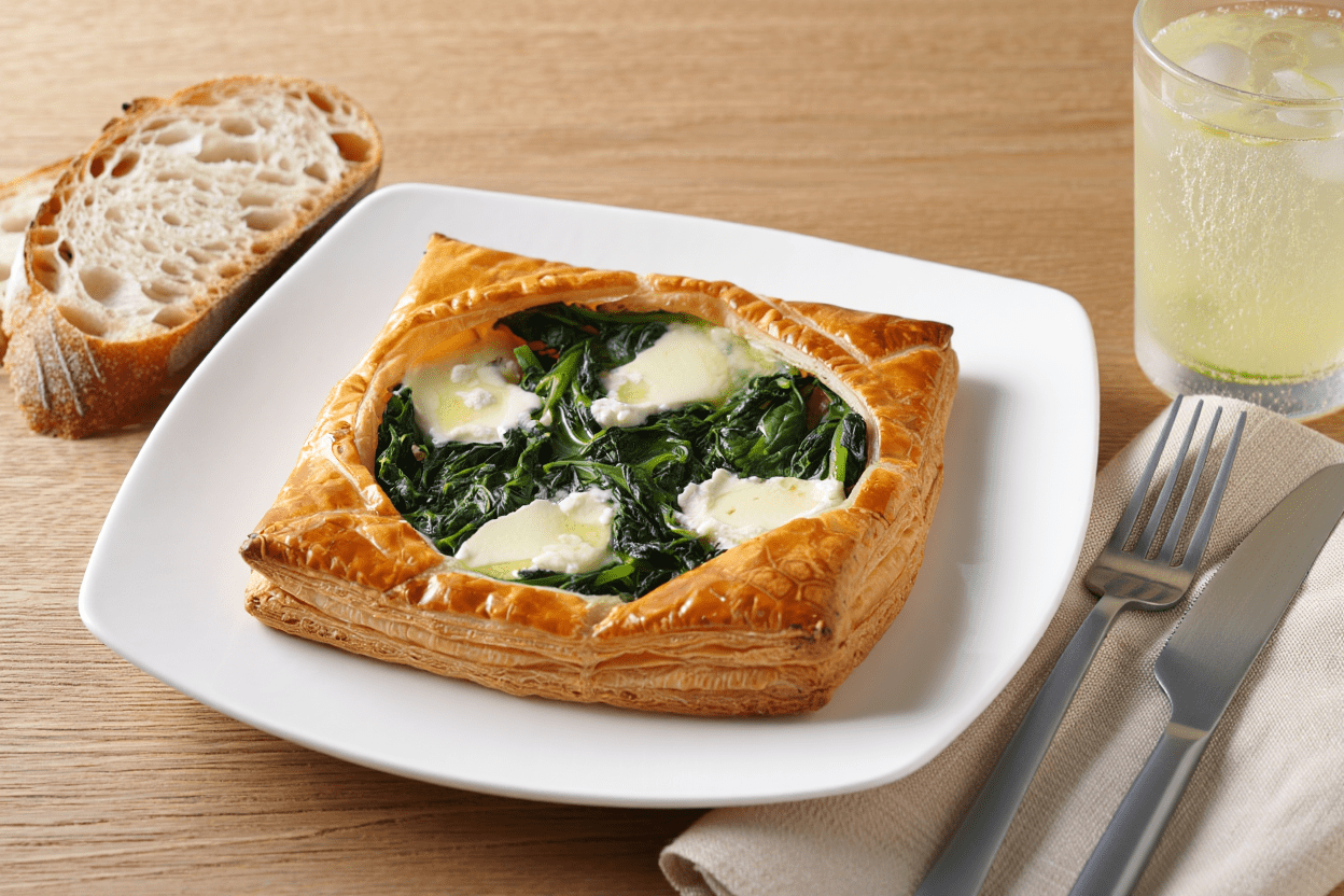 Ensalada vegana de pasta con aguacate y maíz Hojaldre relleno de espinacas y queso de cabra