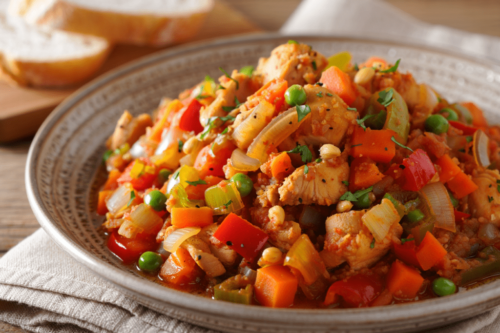 Ragú de la huerta con pollo al toque de soja