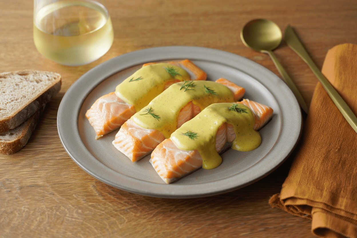 Arroz mar y tierra Salmón noruego con salsa de mostaza y eneldo