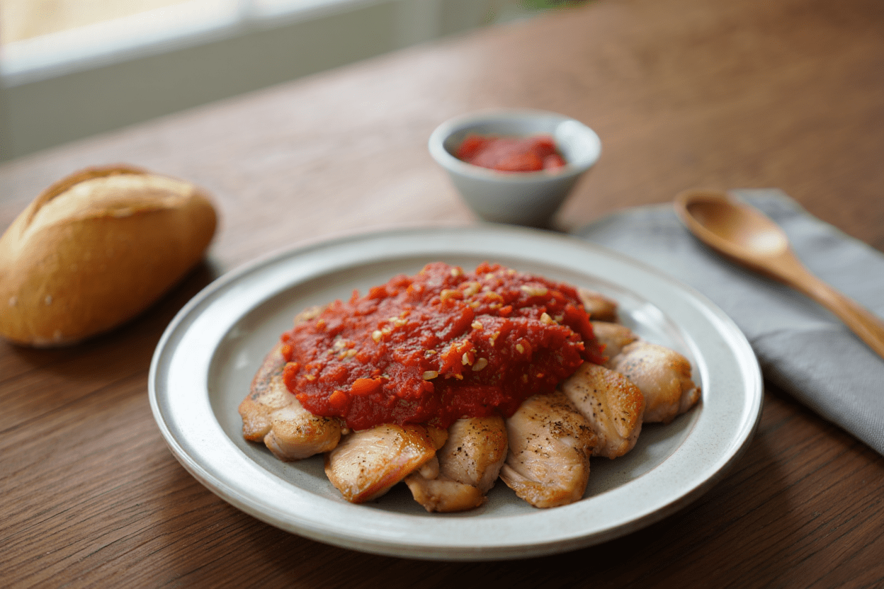 Solomillos de pollo al horno con salsa cremosa de tomate, anacardos y parmesano Solomillos de pollo al horno con salsa cremosa de tomate, anacardos y parmesano