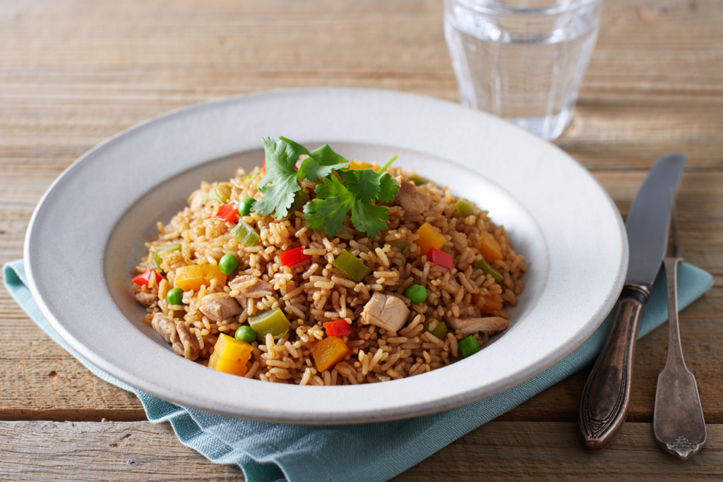 Arroz con pollo, calabaza y cilantro fresco