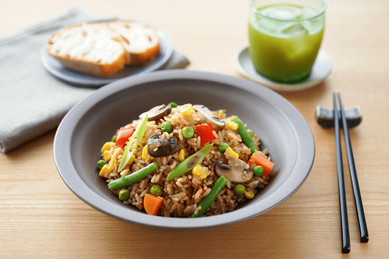 Solomillos de pollo con salsa de champiñones Arroz oriental