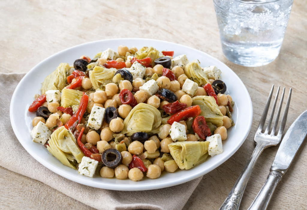 Ensalada de garbanzos con alcachofas, queso de cabra y tomate seco