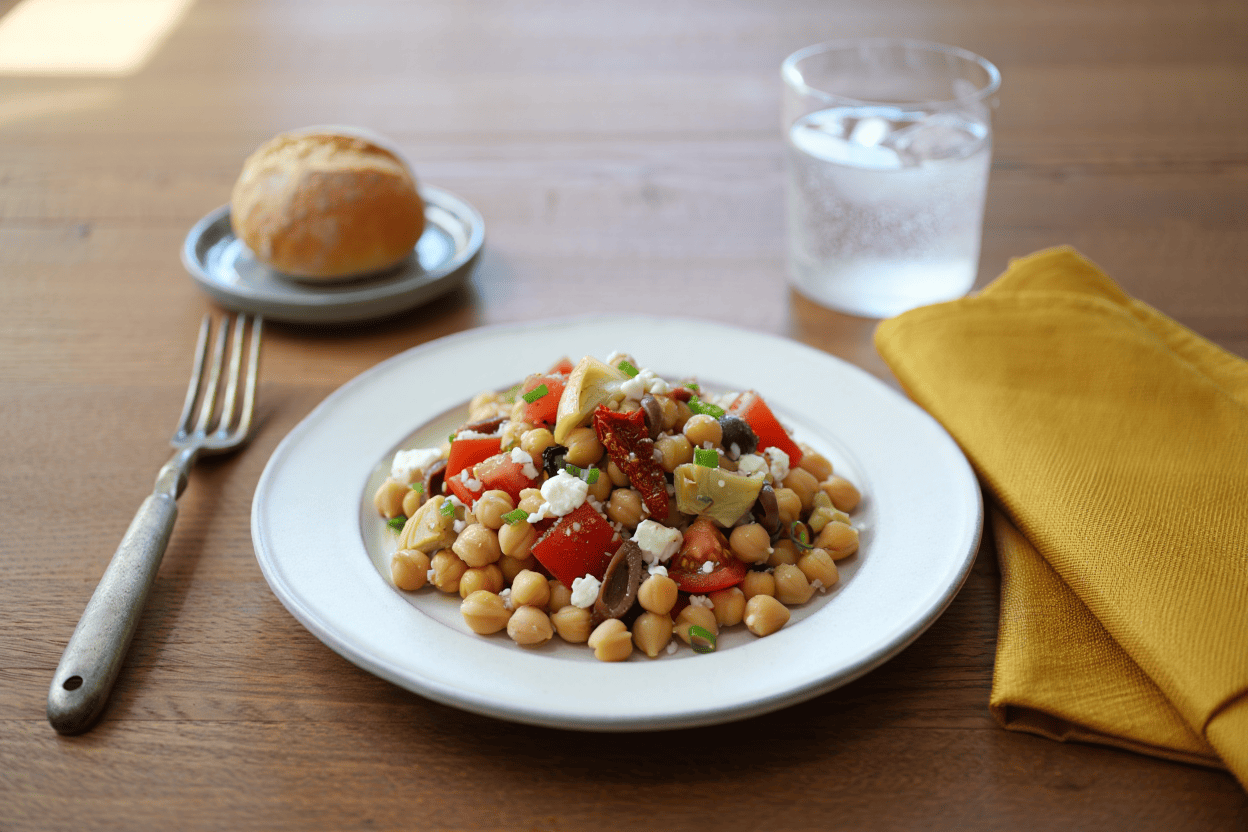 Ensalada de garbanzos con alcachofas, queso feta y tomate seco de La Grosella (1)