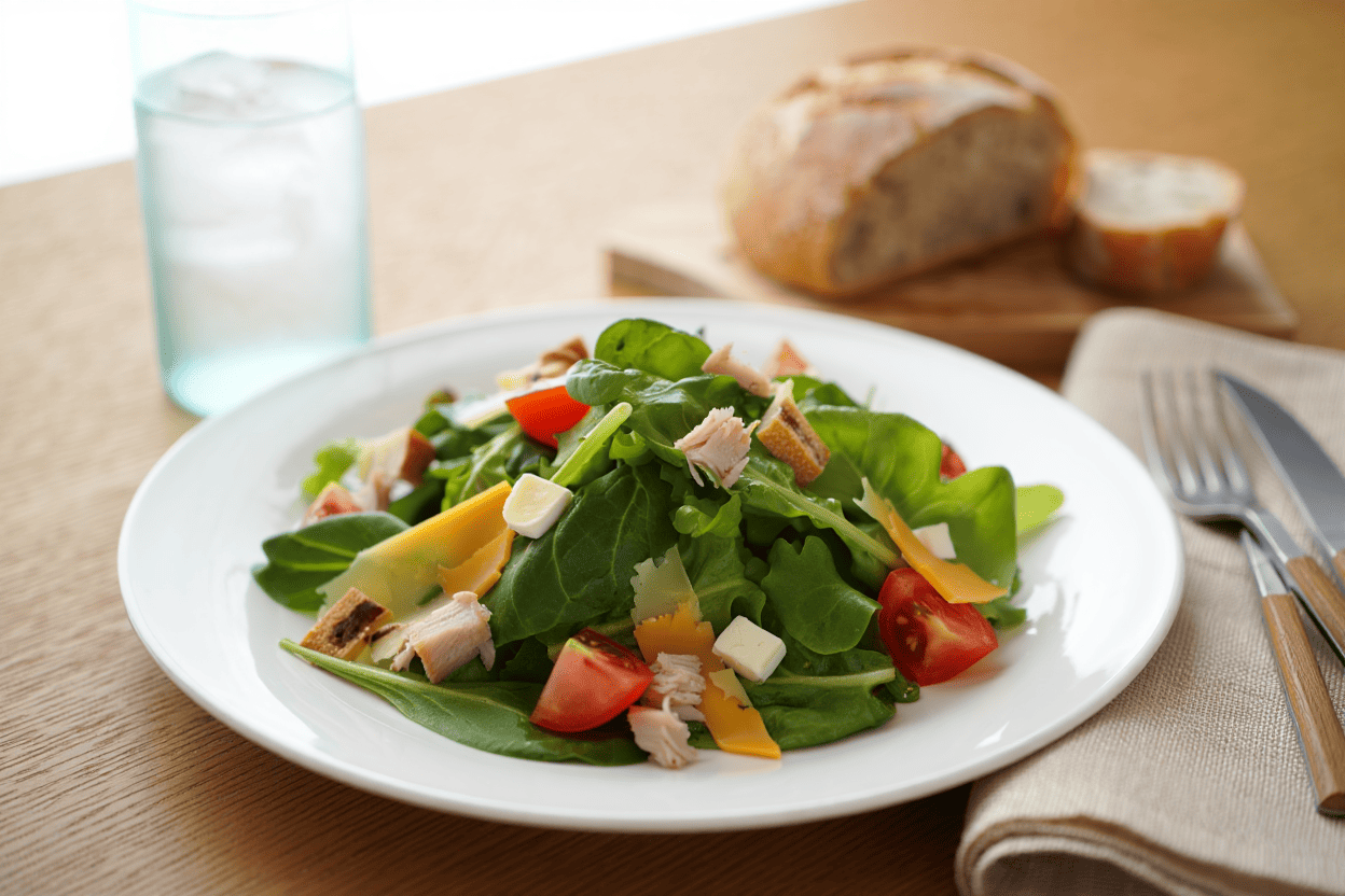 Menestra de verduras al pimentón Ensalada verde con pavo y 3 quesos