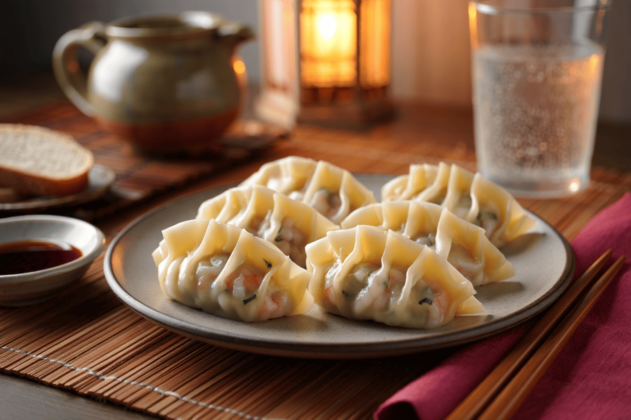 Menestra de verduras al pimentón Gyozas de gambas