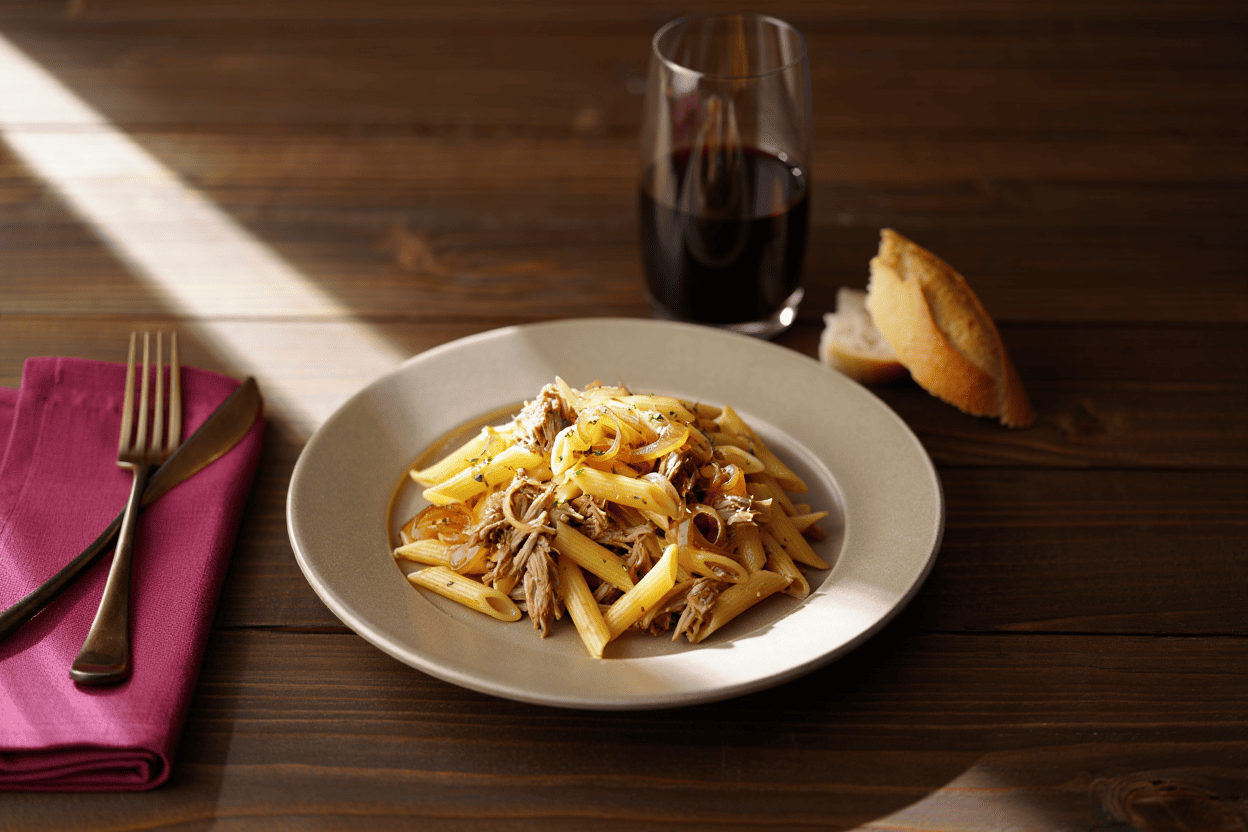 Solomillos de pollo con salsa de champiñones Macarrones con pulled pork