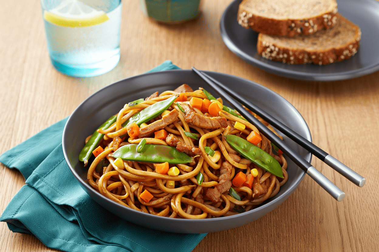 Pasta udon con salteado al wok y aguja de cerdo Pasta udon con salteado al wok y aguja de cerdo