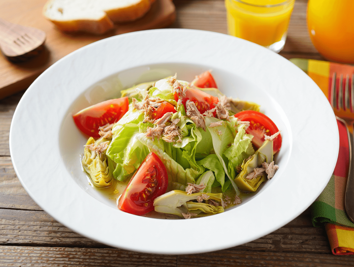 Patata guisada con salchicha bratwurst y mostaza a la antigua Ensalada iceberg con atún y alcachofas