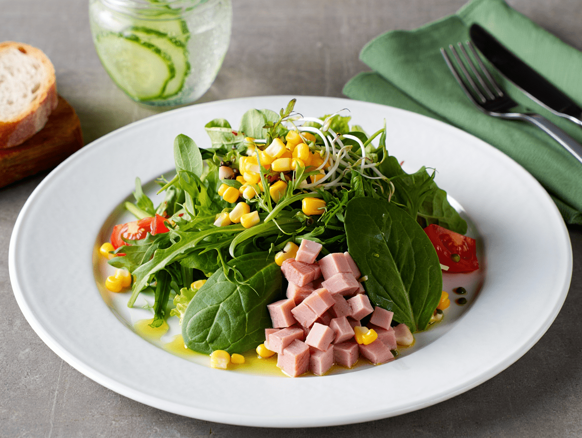 Ensalada verde con jamón york y brotes de soja de La Grosella