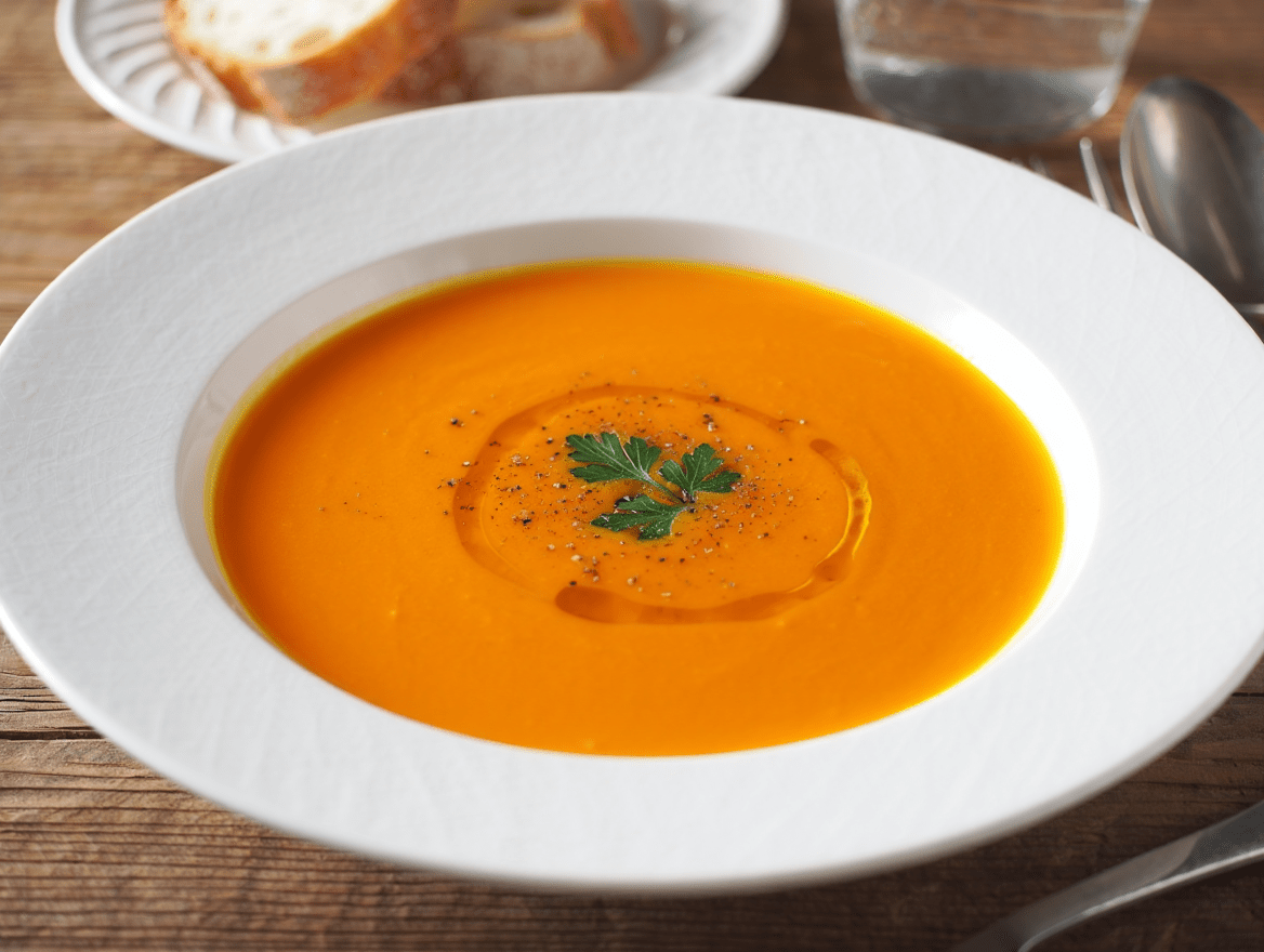 Patata guisada con salchicha bratwurst y mostaza a la antigua Crema de zanahoria