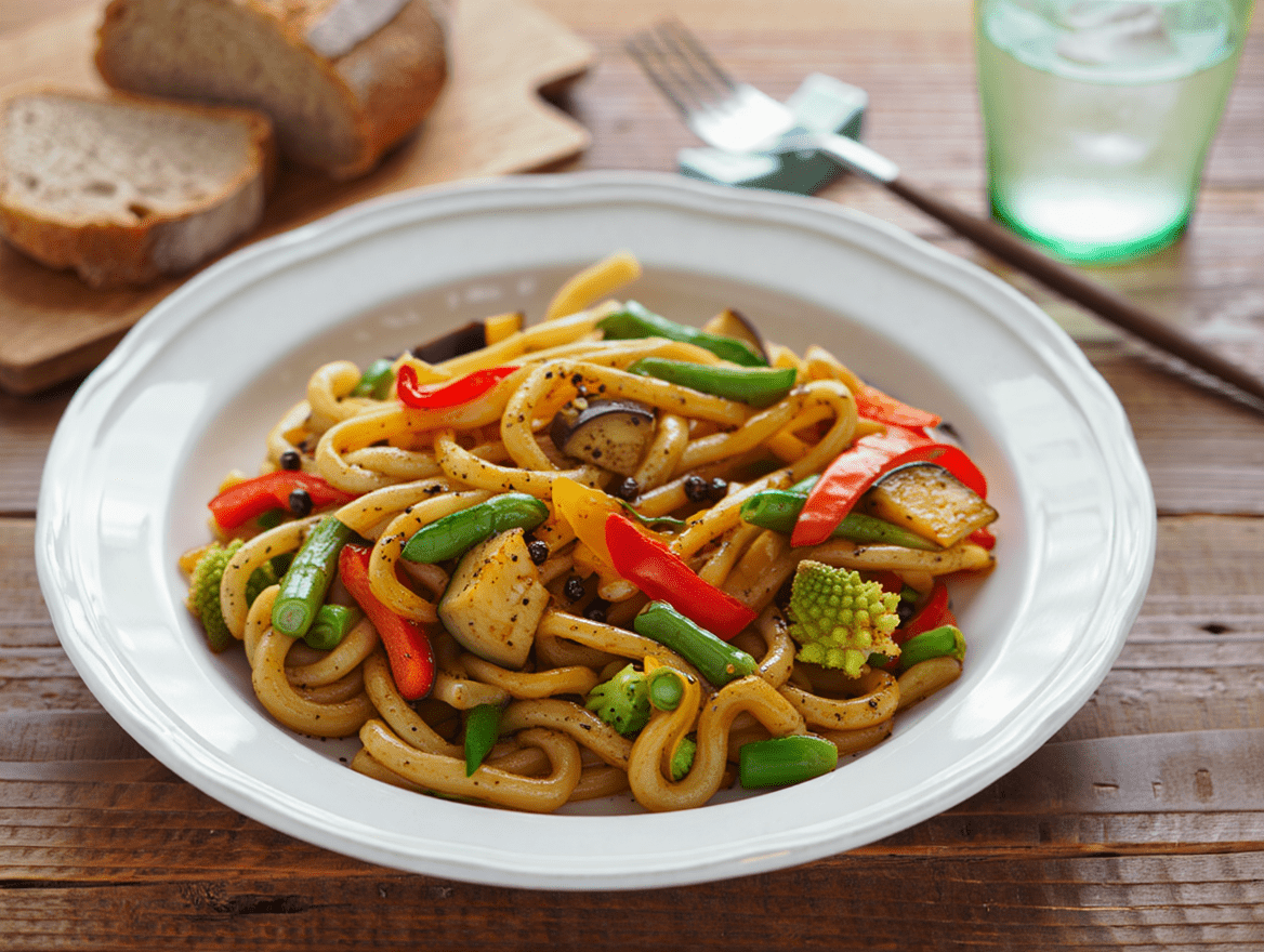 Patata guisada con salchicha bratwurst y mostaza a la antigua Pasta udon con verduras y pimienta Sichuan